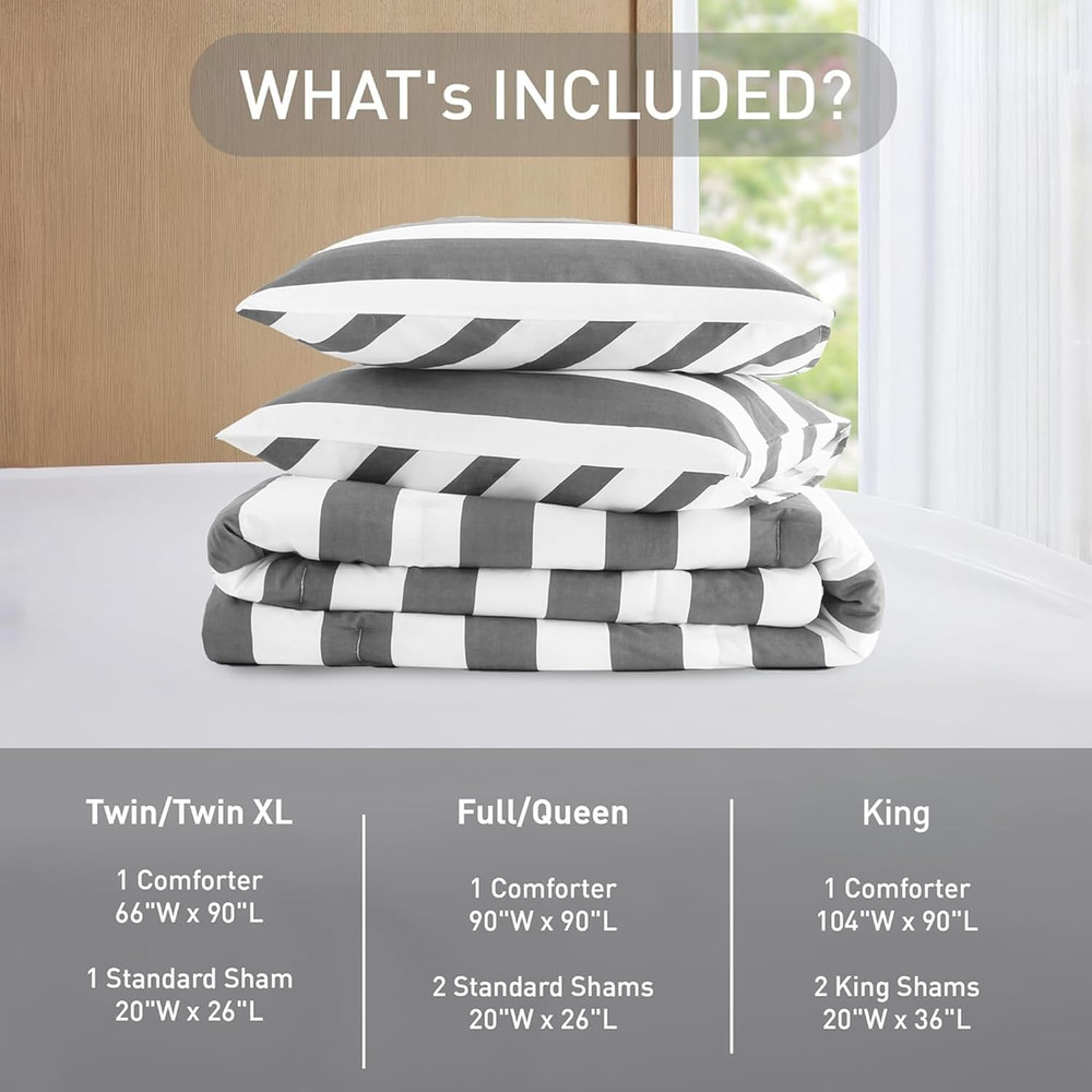Reversible Striped Queen Comforter Set, Soft Microfiber Bedding Set with Double-