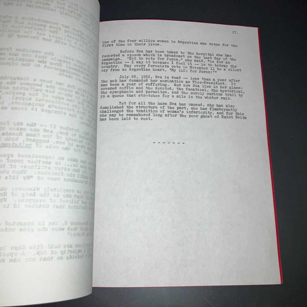 EVITA (c1940-50s) Selznick EVA PERON Script Development Report & Synopsis + COA!