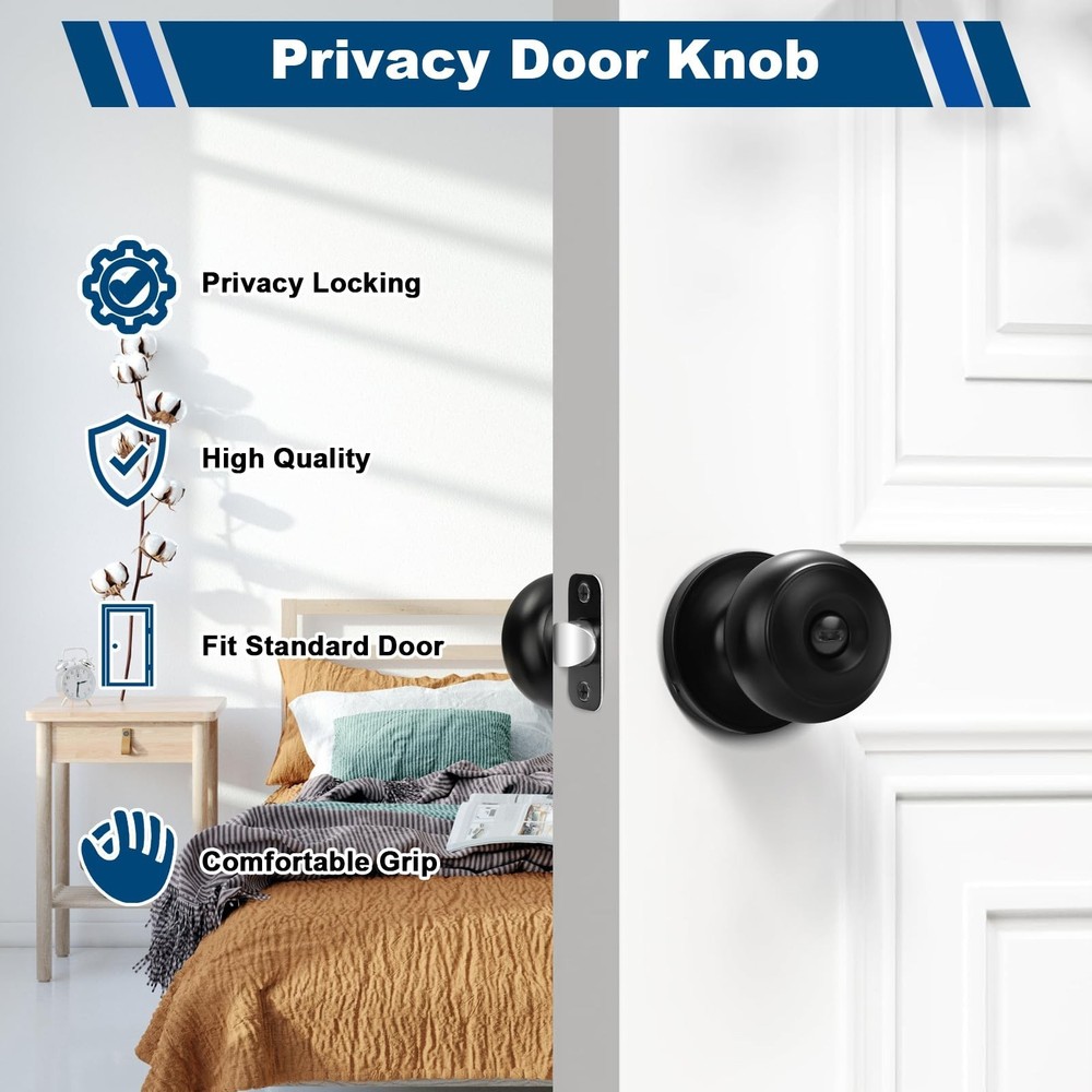 Estmoon 5 Pack Interior Door Knobs Black Privacy Door Handle, Keyless Door Lo...