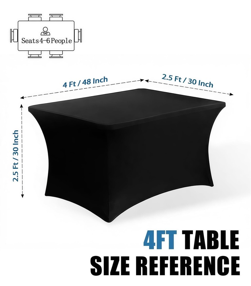 4FT Black Table Cloth - 2 Pack, Fitted Stretch Rectangle Spandex Tablecloth, ...