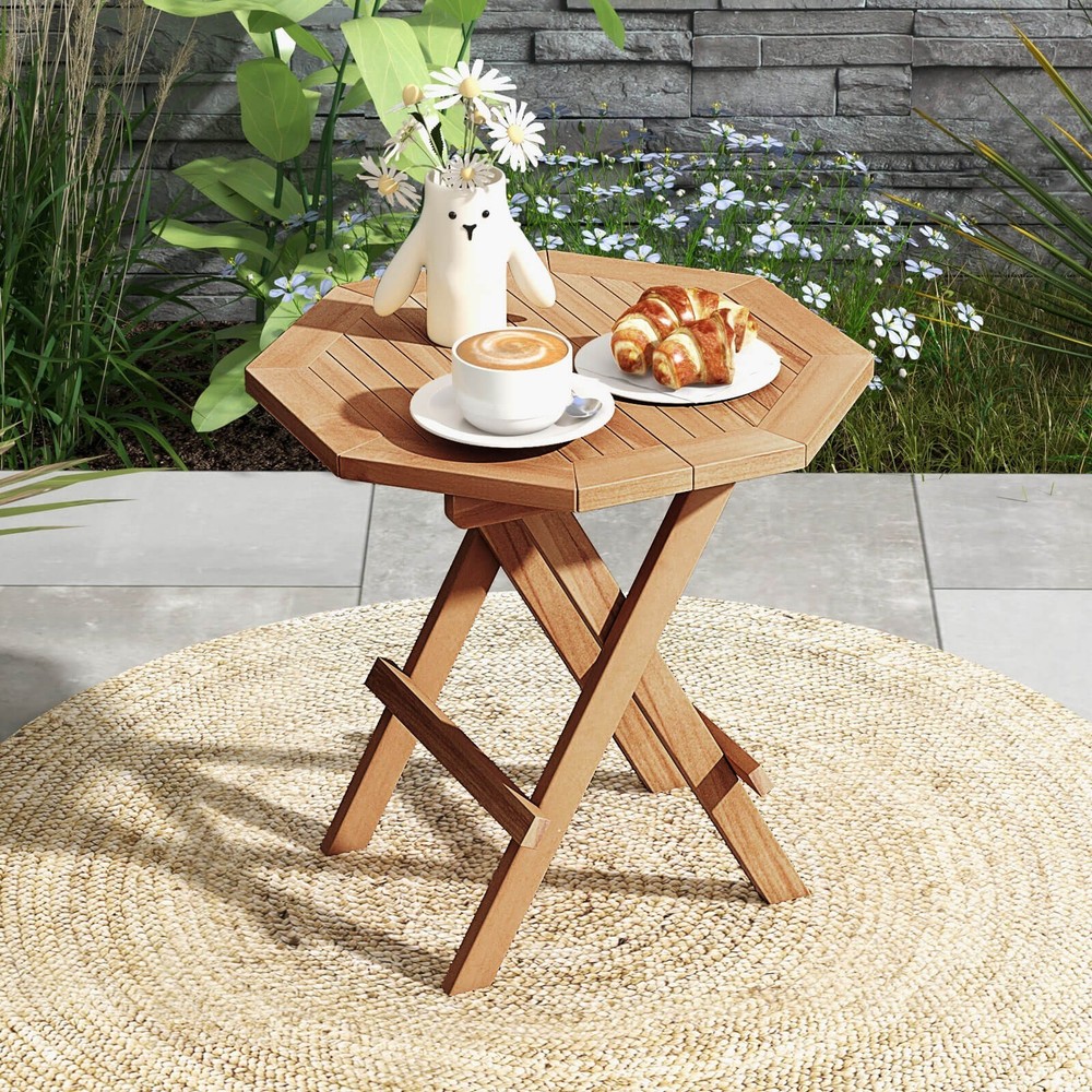 Patio Folding Side Table w/ X-shaped Legs & Slatted Tabletop for Backyard