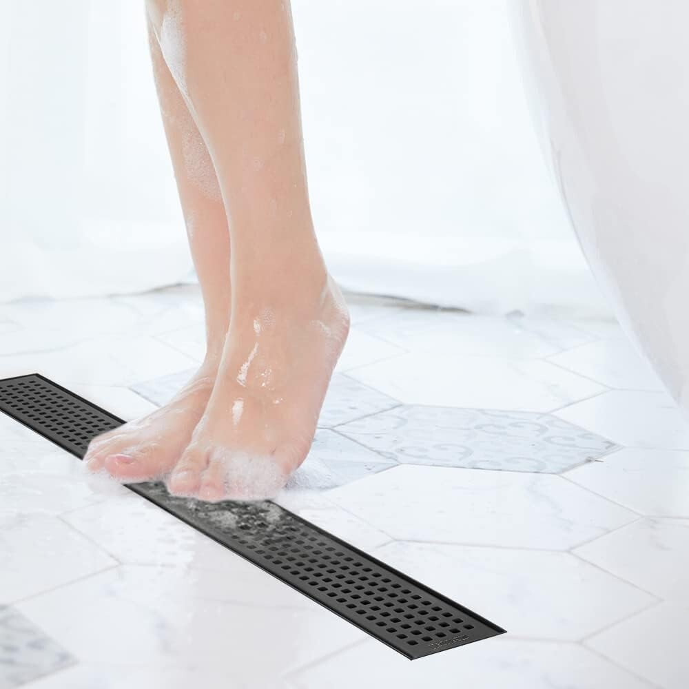 Desagüe de ducha lineal de 24 pulgadas, desagüe de suelo rectangular negro