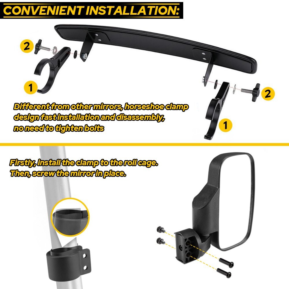 Universal UTV View Rear Mirror Side Center + Mirror Set Adjustable 1.75"-2"