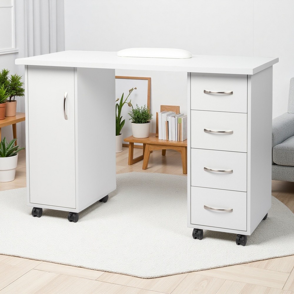 Rolling Computer Desk - White, 4-Drawer, Shelves Storage & MDF ​Nail Table​
