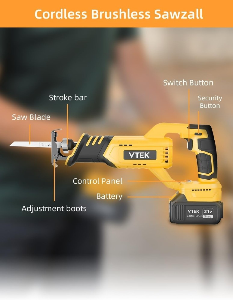 VTEK Brushless Cordless Reciprocating Saw,3 Level Speed Setting