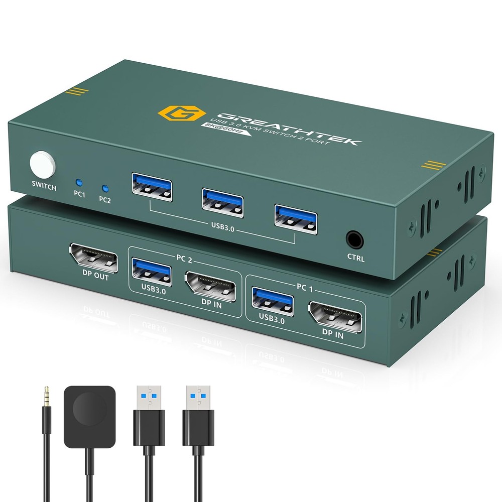 KVM Switch 1 Monitors 2 Computers Displayport 8K60Hz, USB3.0 KVM Switch Displ...