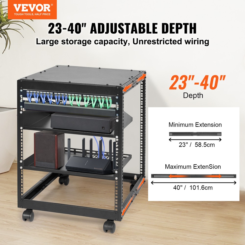 VEVOR 12U 4 Post Open Frame Server Rack Network Enclosure 23''-40'' Adjustable