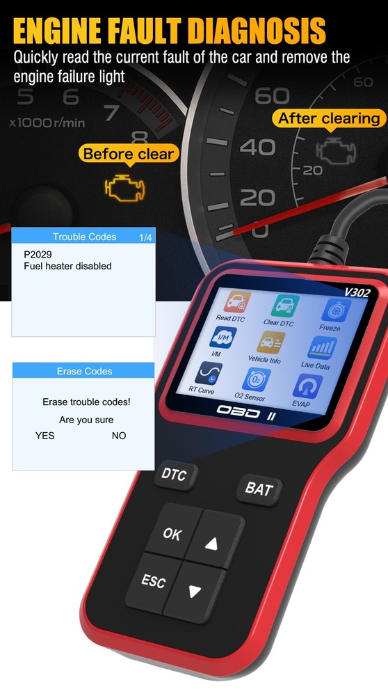 OBD2 Scanner Car Code Reader Battery Voltage Test O2 Sensor Live Data EVAP Test