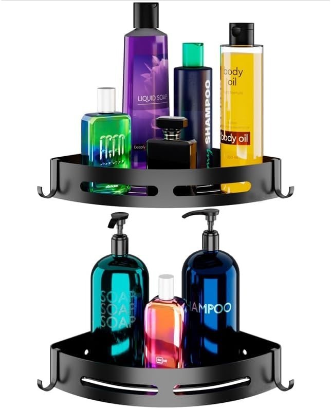 2-Tier Corner Shower Caddy Bathroom Organizer Storage Shelf No Drilling Hooks2