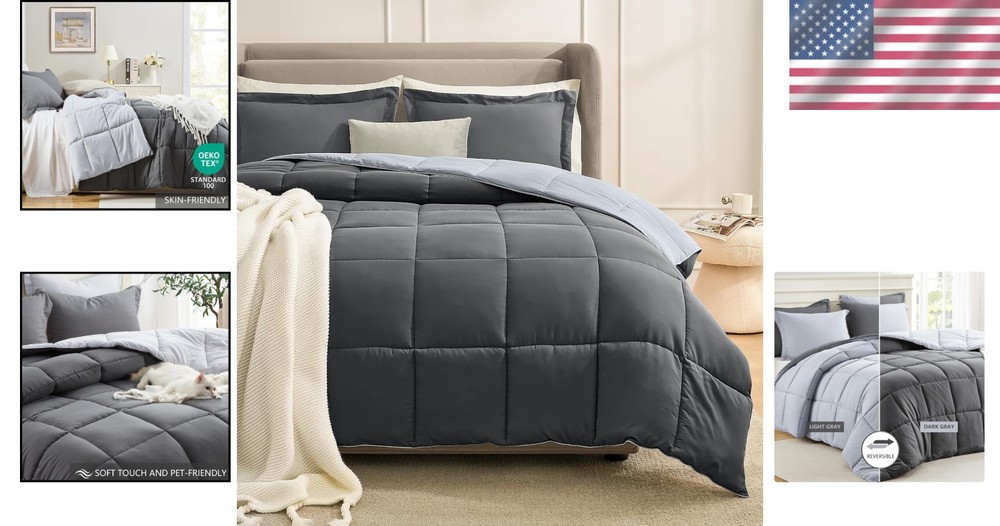 Luxurious Lightweight Grey/Light Gray Reversible Comforter Set - Queen Size