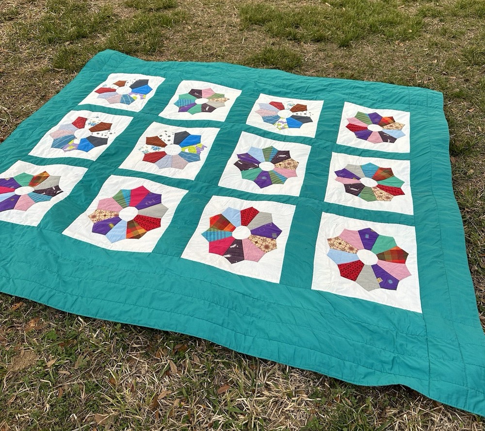 Vintage Handmade Quilt 80x88 Teal Blue Patchwork