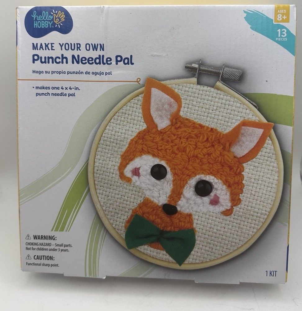 Hello Hobby Punch Needle Point Kit Fox With Hoop  4” Diameter