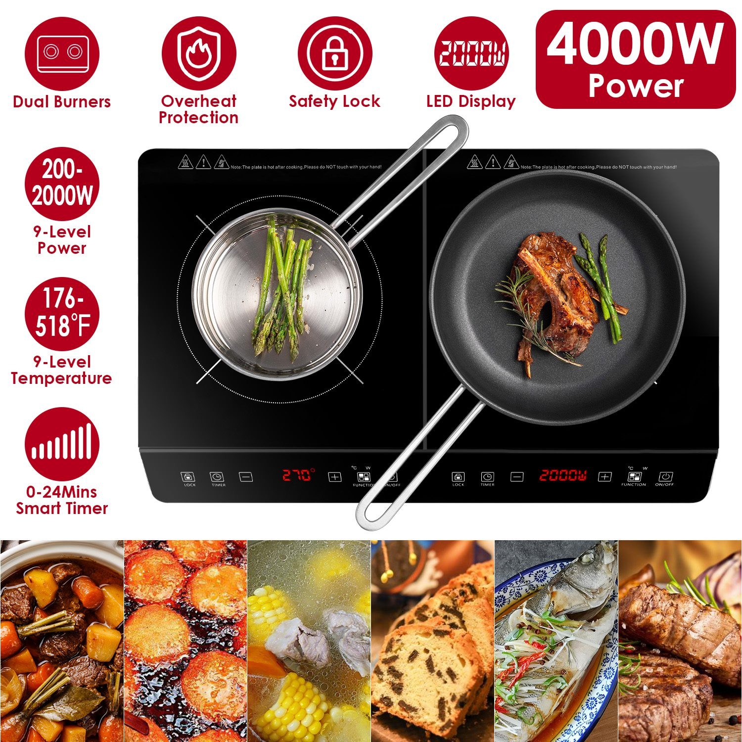 4000W Electric Dual Burner Induction Cooktop Double Induction Cooker Hot Plate