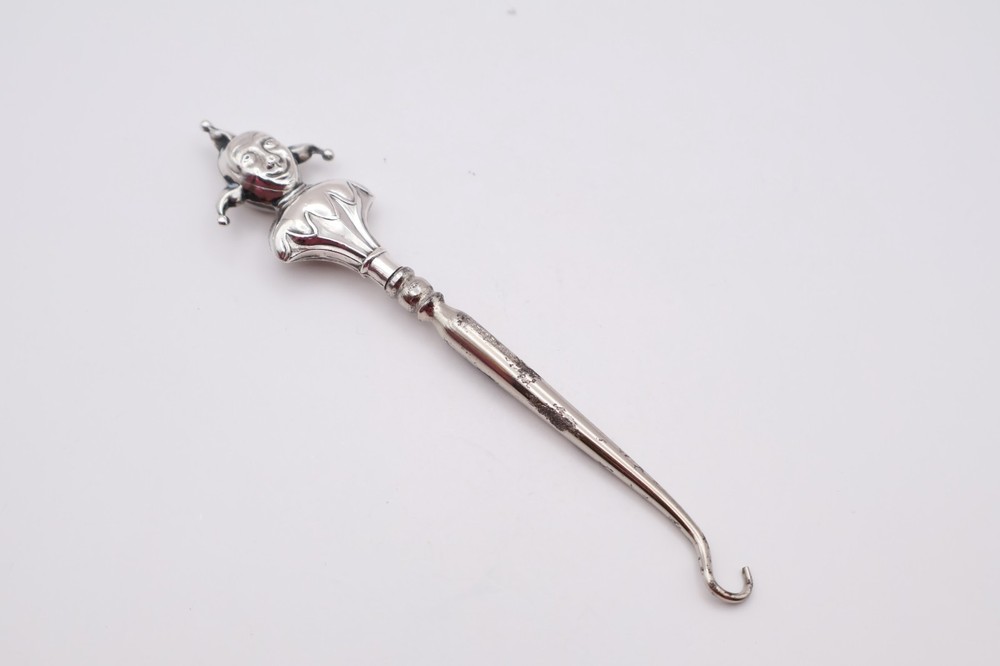 Antique Novelty Silver Handled Jester Button Hook Hallmarked Birmingham 1910