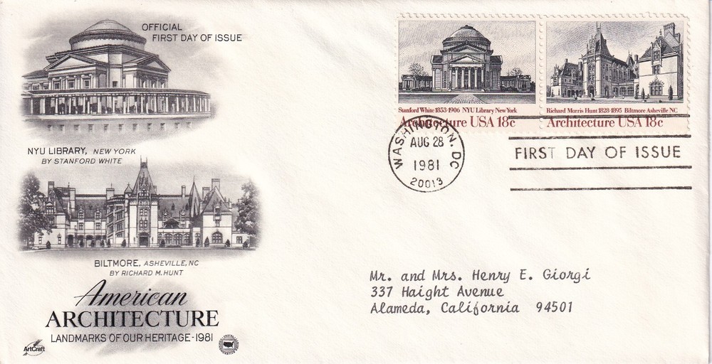STAMP US SCOTT 1928, 1929 American Architecture. 1981 18 CENT FDC - M