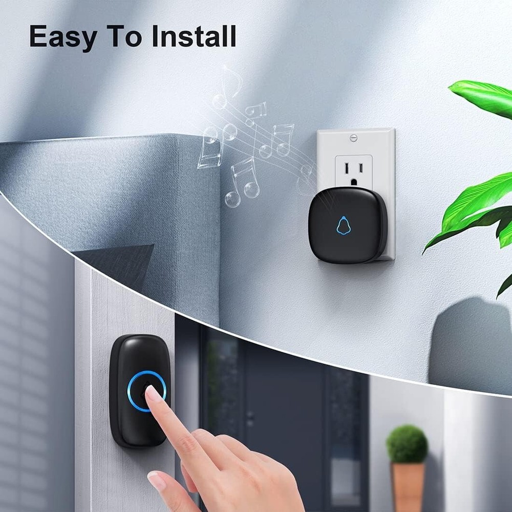 Elegant Wireless Doorbell System, 58 Chimes, Adjustable Volume & LED - Black