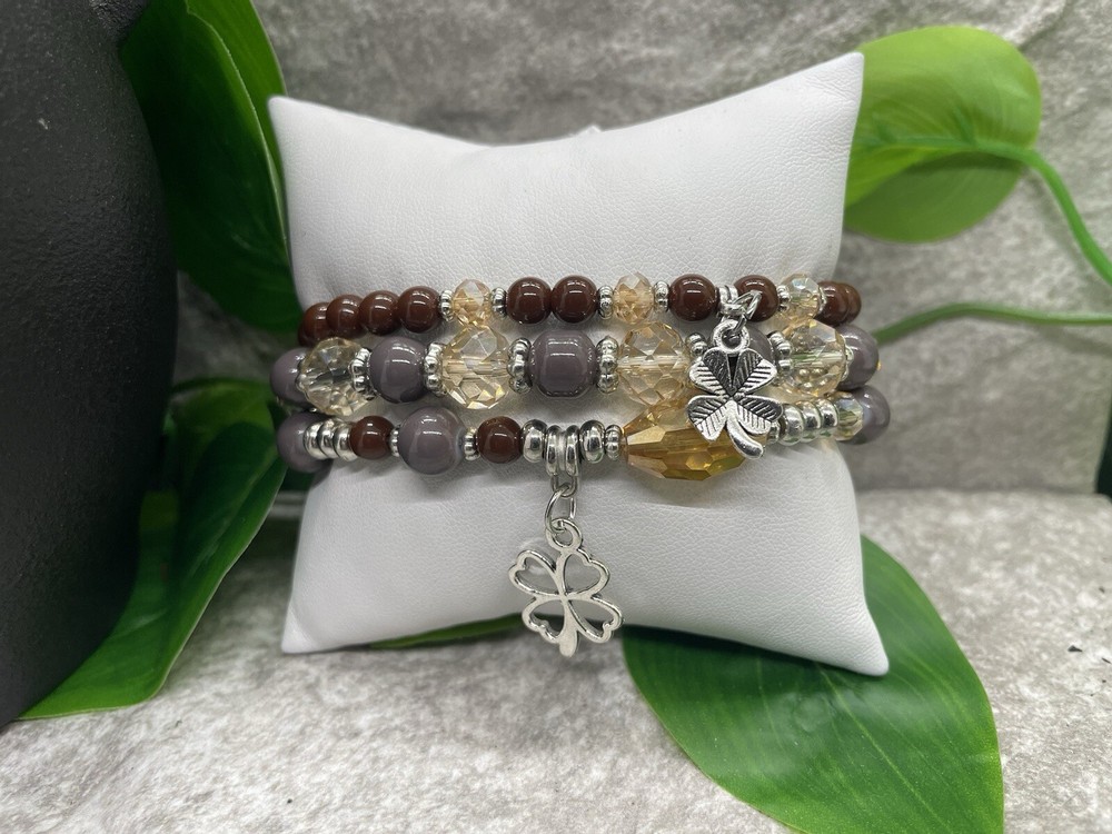 3 PC Handmade Boho Beaded Stackable 7” Plus Stretch Bracelet Set Clover B2503