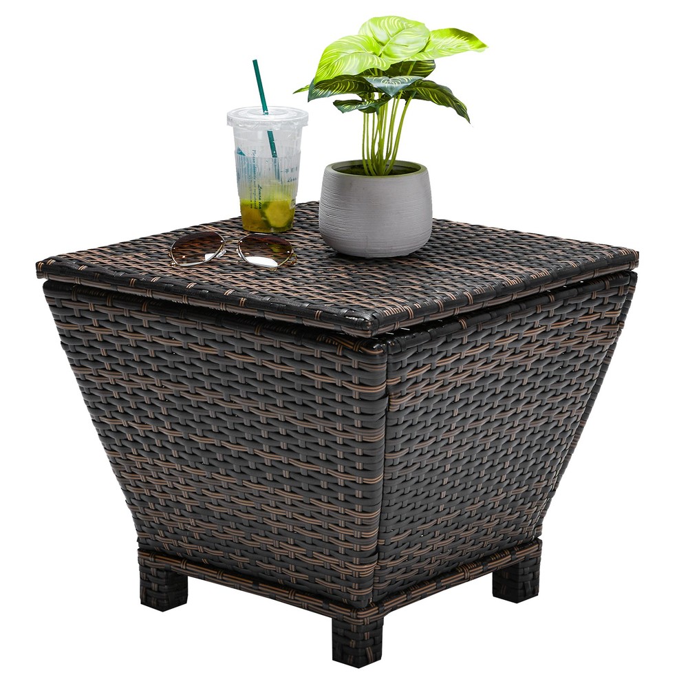 Outdoor PE Wicker Side Table with Storage, Small Patio Storage Bin Container