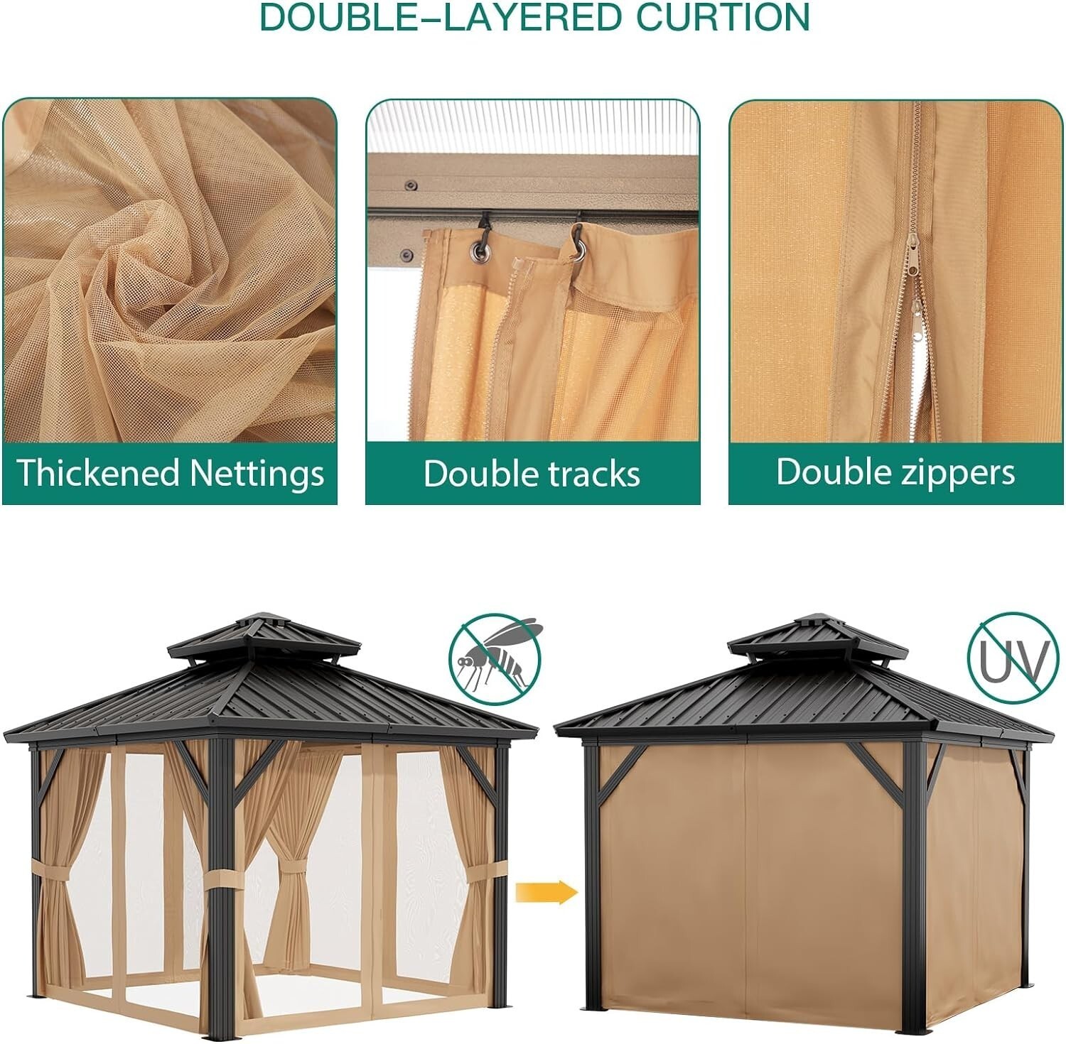 12x20 FT Outdoor Hardtop Gazebo Double Roof Garden Tent w/ Curtains & Netting US