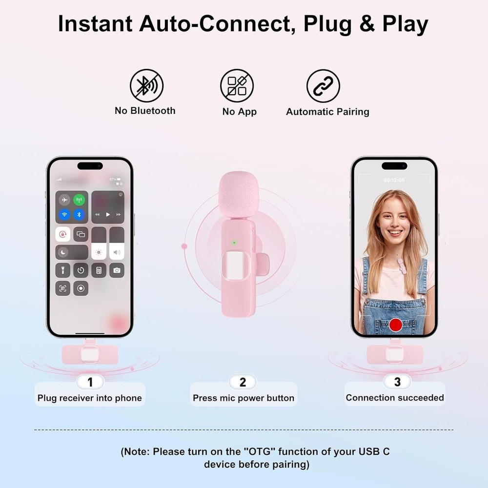 Professional Wireless Lavalier Microphone: Omnidirectional, 65ft Range, Pink