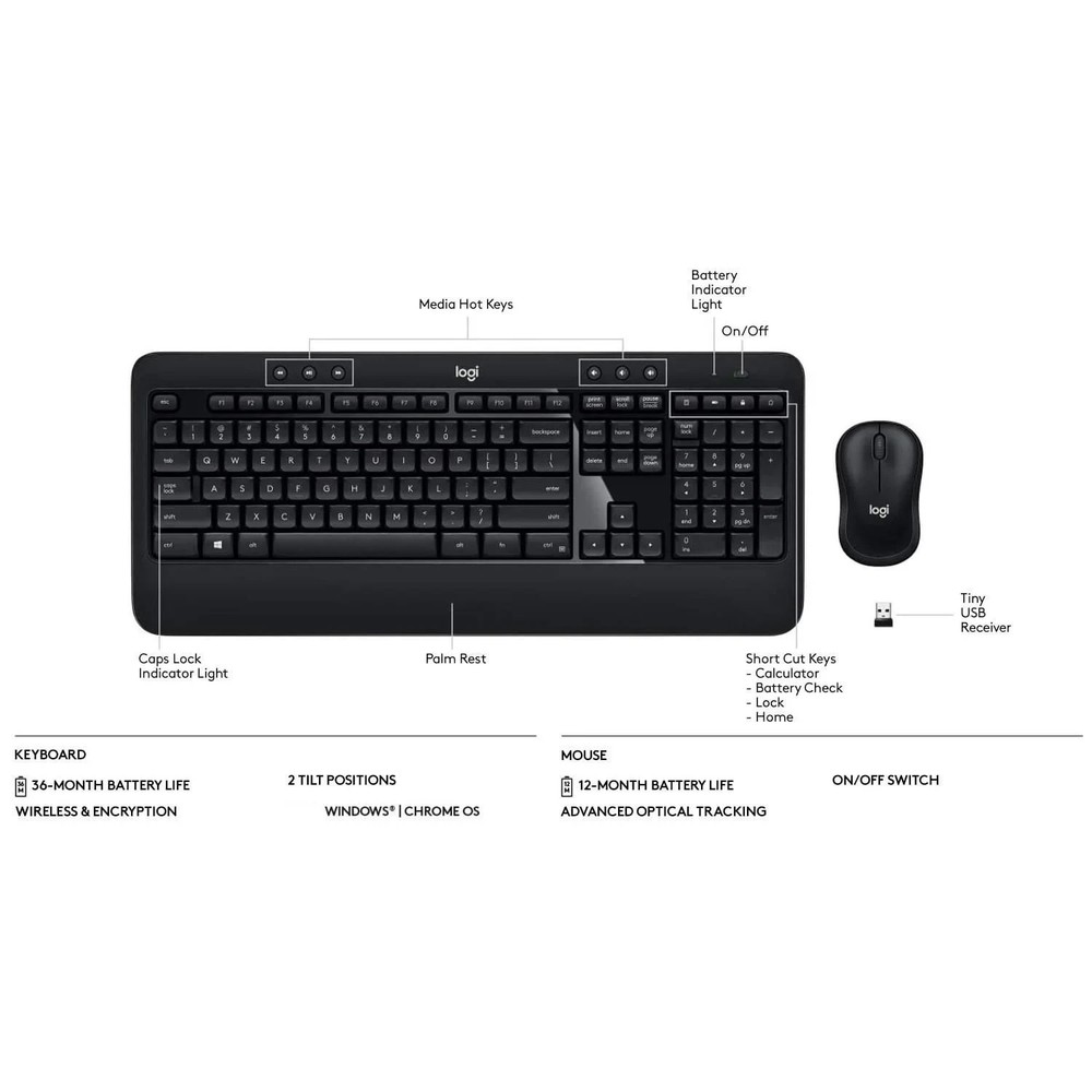 Logitech MK540 Combo 2 Advanced Wireless Keyboard & M220 Mouse USB Nano Receiver