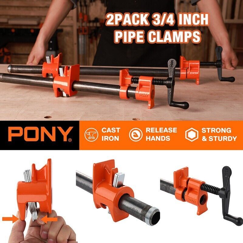 PONY 2-Pack 3/4 Inch Pipe Clamp Set 52 Wood Gluing Professional Steel Pipe Clamp