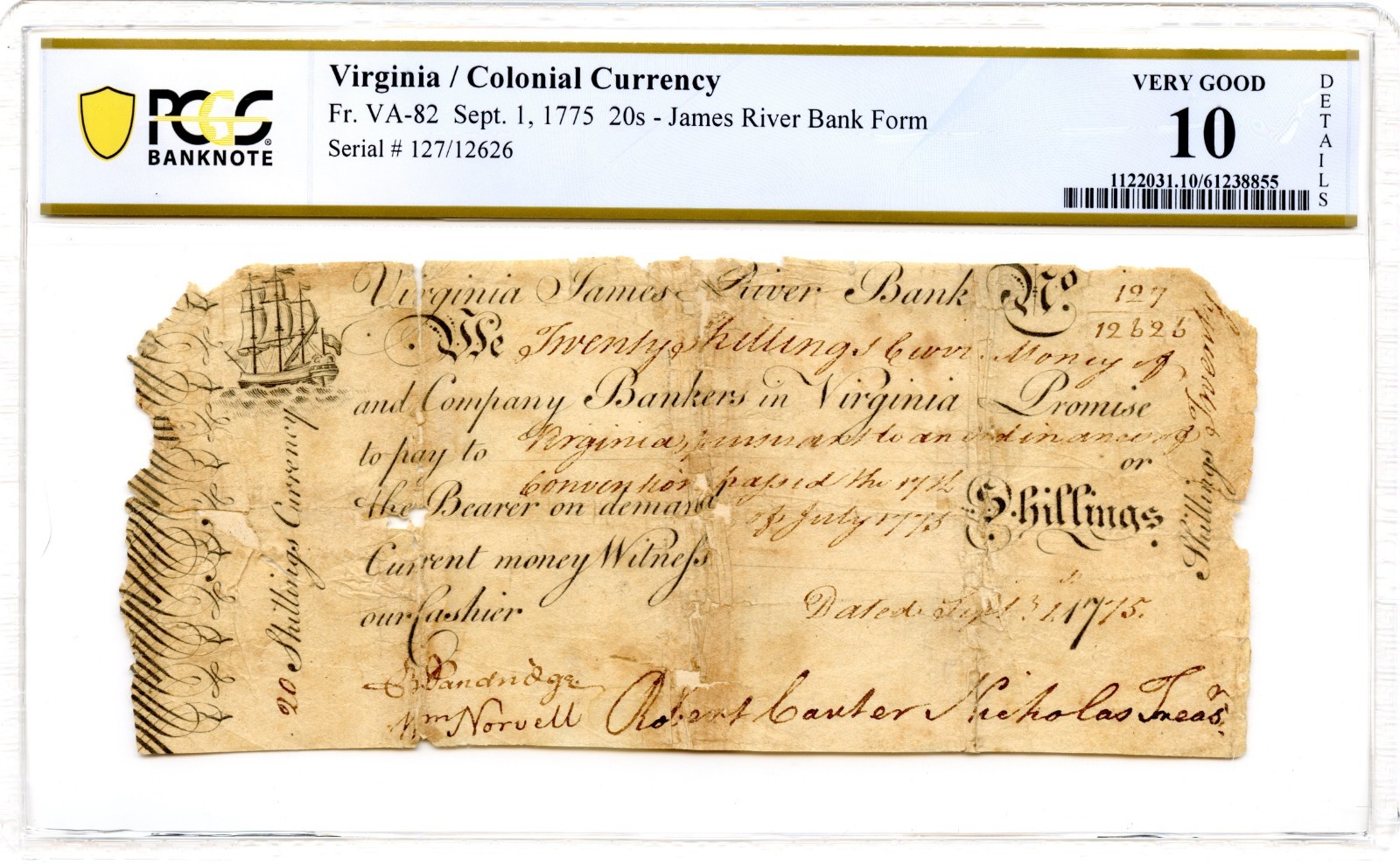 Virginia Colonial Note Fr#VA-82 Sept. 1, 1775 20s PCGS VG-10 *James River Bank*