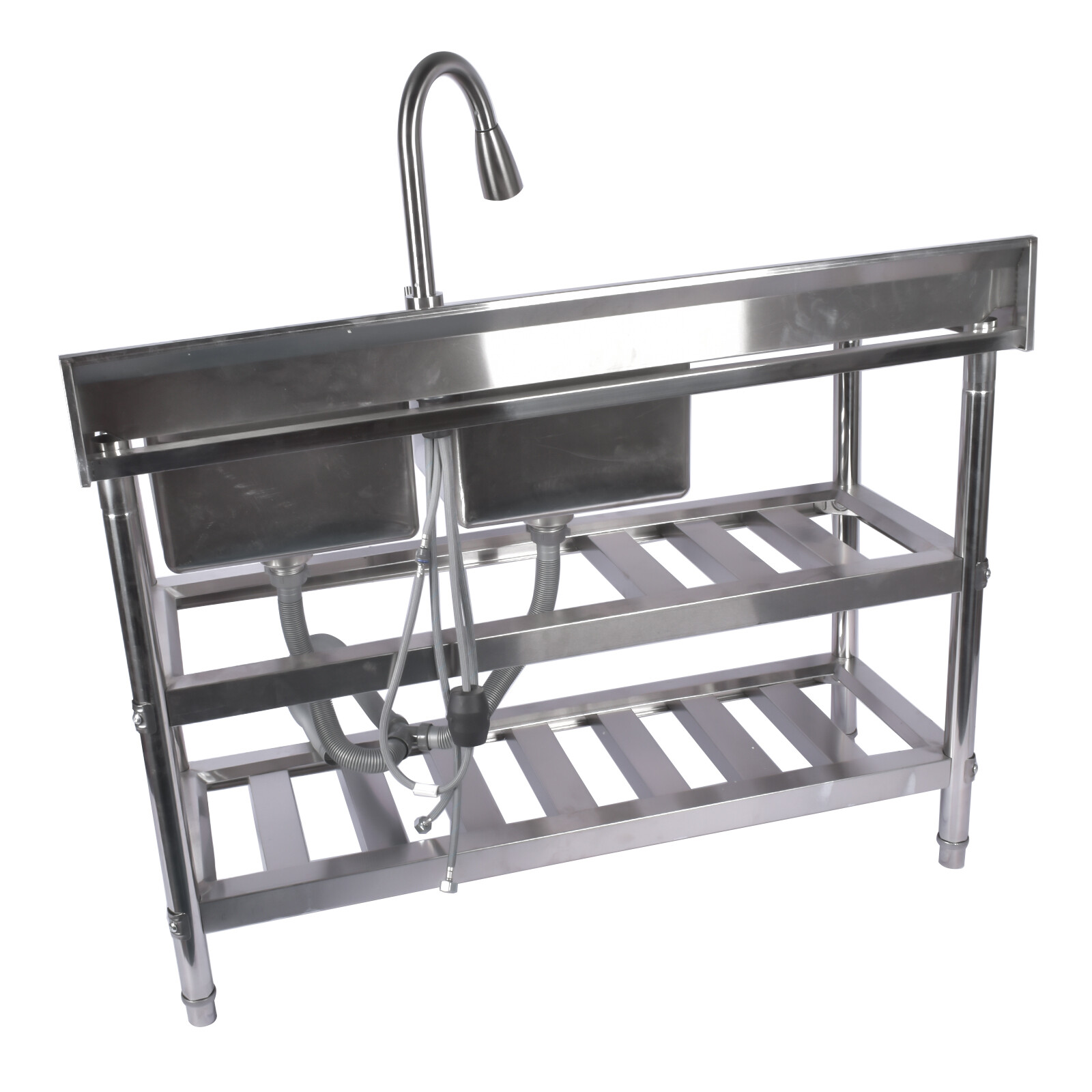 47.2" Stainless Steel Double Bowl Utility Sink with Pull-Out Faucet & Drainboard