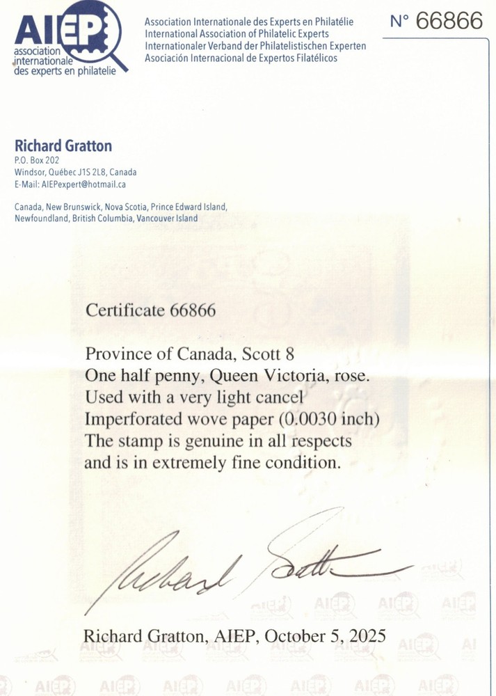 Canada #8 Extra Fine Used With Light Cancel **With Certificate**