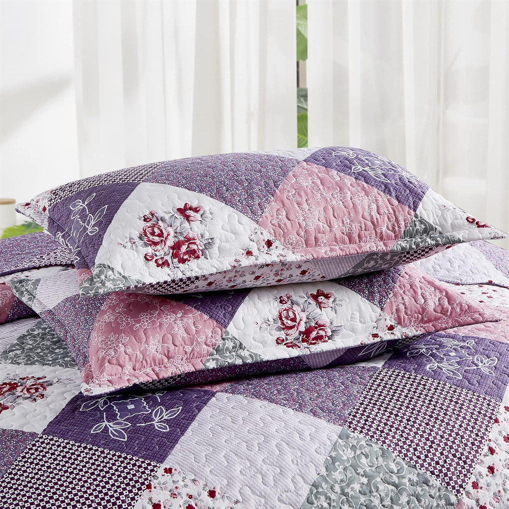 Purple Quilt Set King Size, Reversible Floral Plaid Patchwork Pattern Bedding Se