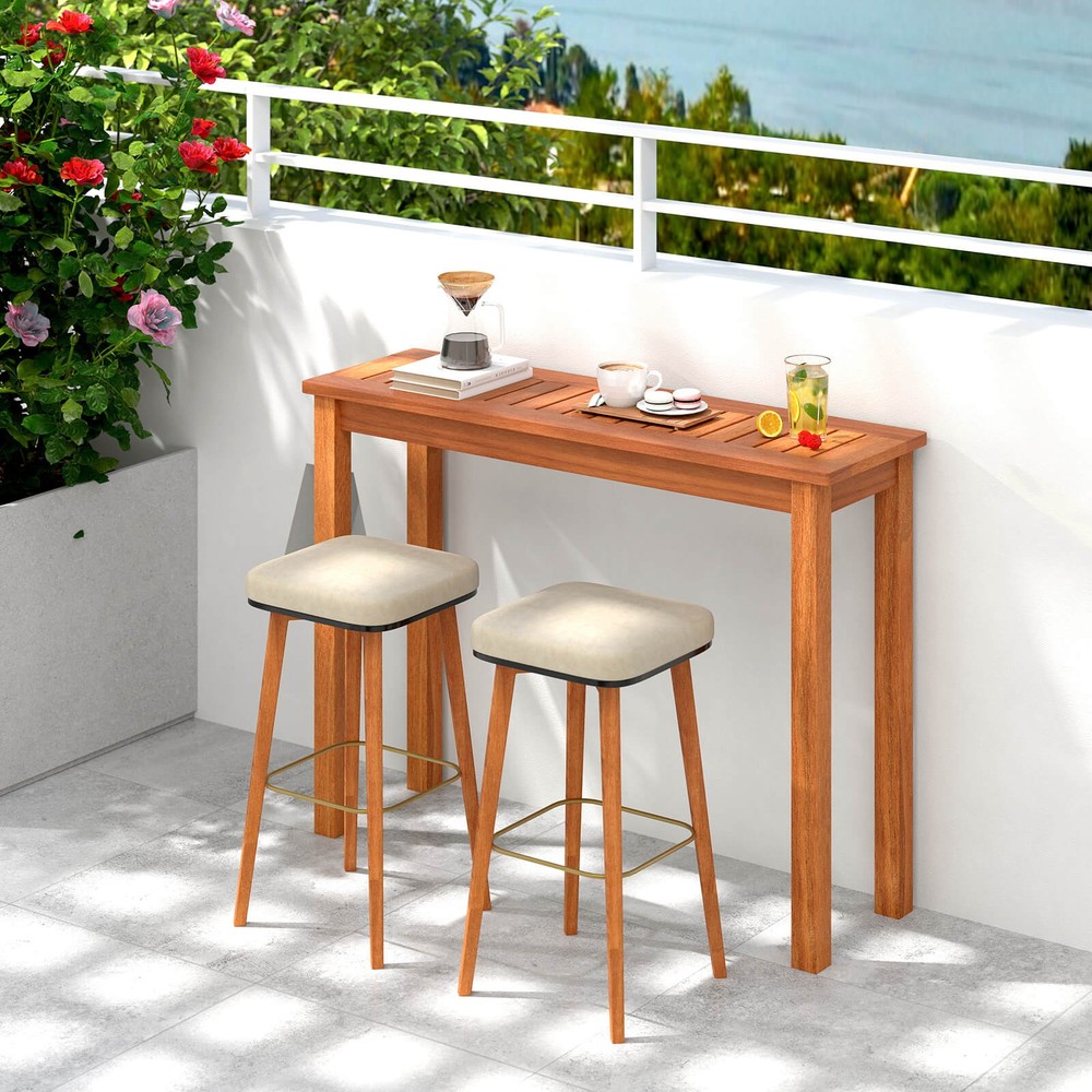 Outdoor Indoor Dining Table w/ Slatted Tabletop Buffet Bar Storage Organizer