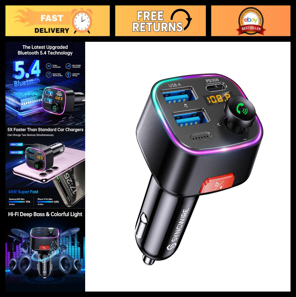 Bluetooth 5.4 FM Transmitter Car Adapter 48W Fast Charging HiFi Bass Sound LED D