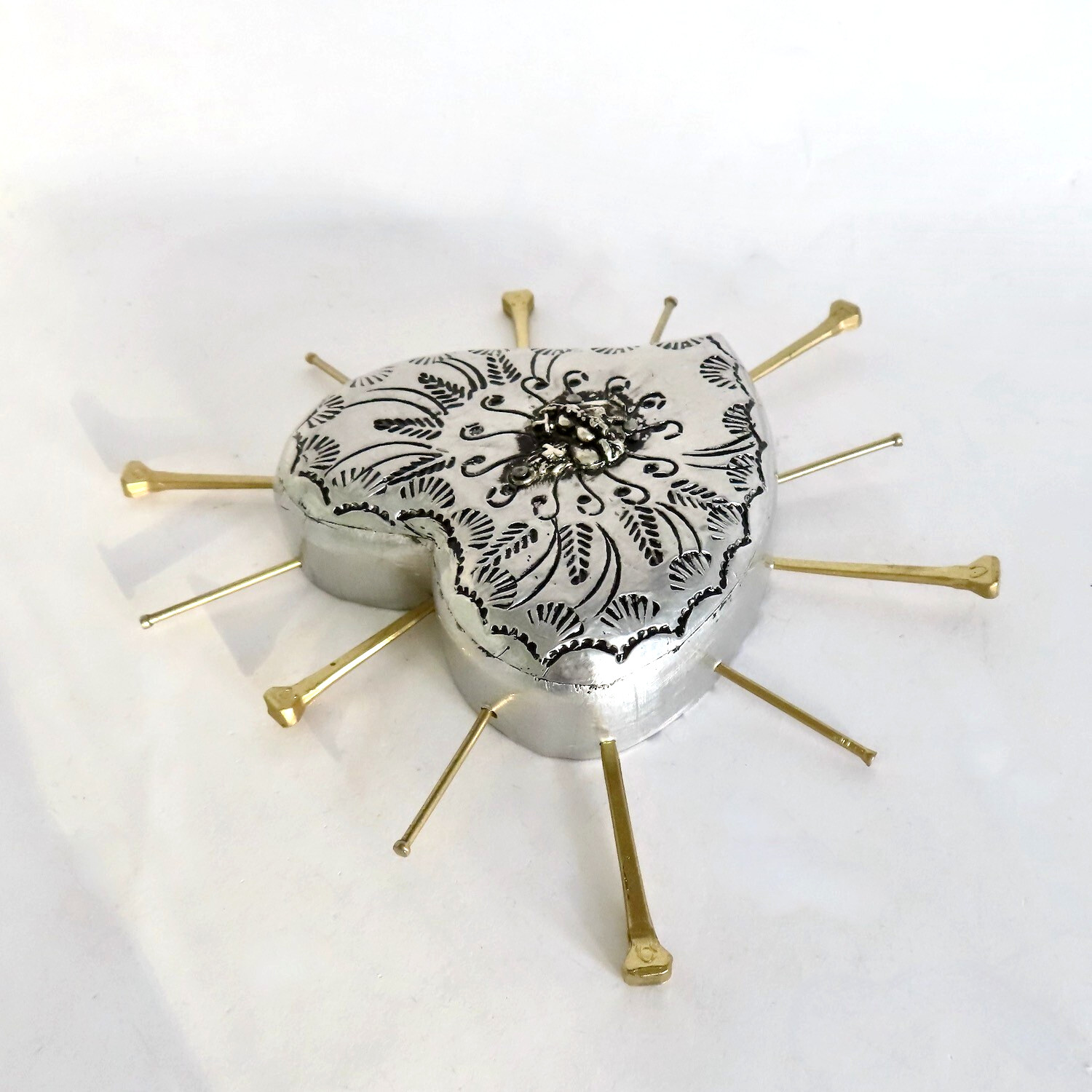 Milagros Sacred Heart Nails Wood Silver Embossed Handmade Mexican Folk Art 6H