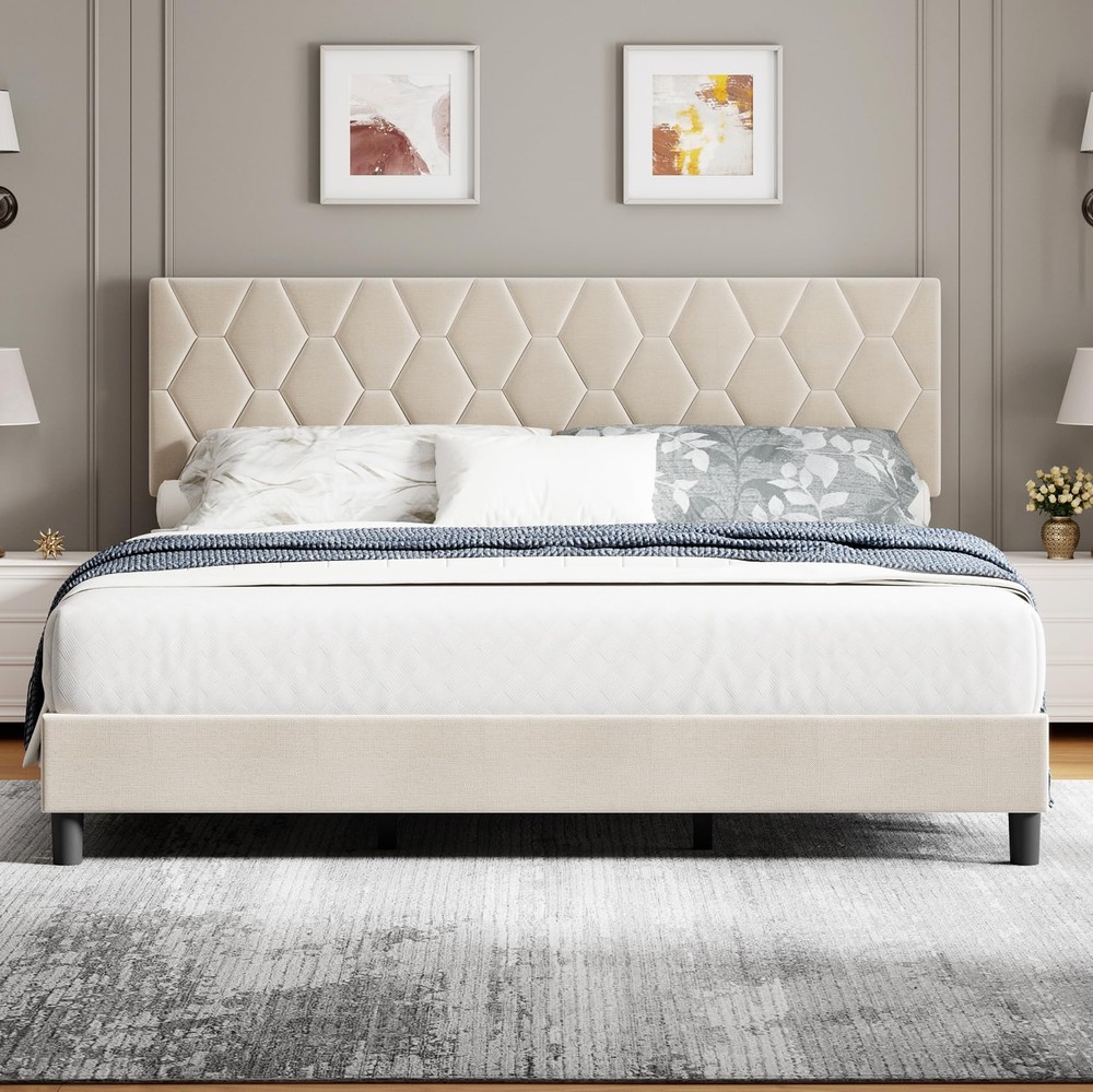 King Size Modern Platform Bed Frame with Upholstered Headboard, Easy Assembly