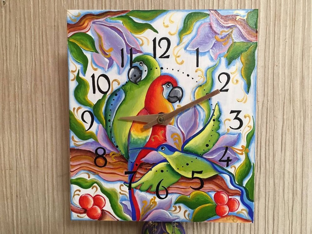 Soviet USSR Vintage Clock, Soviet Working Hand Painted Clock, Parrot Clock