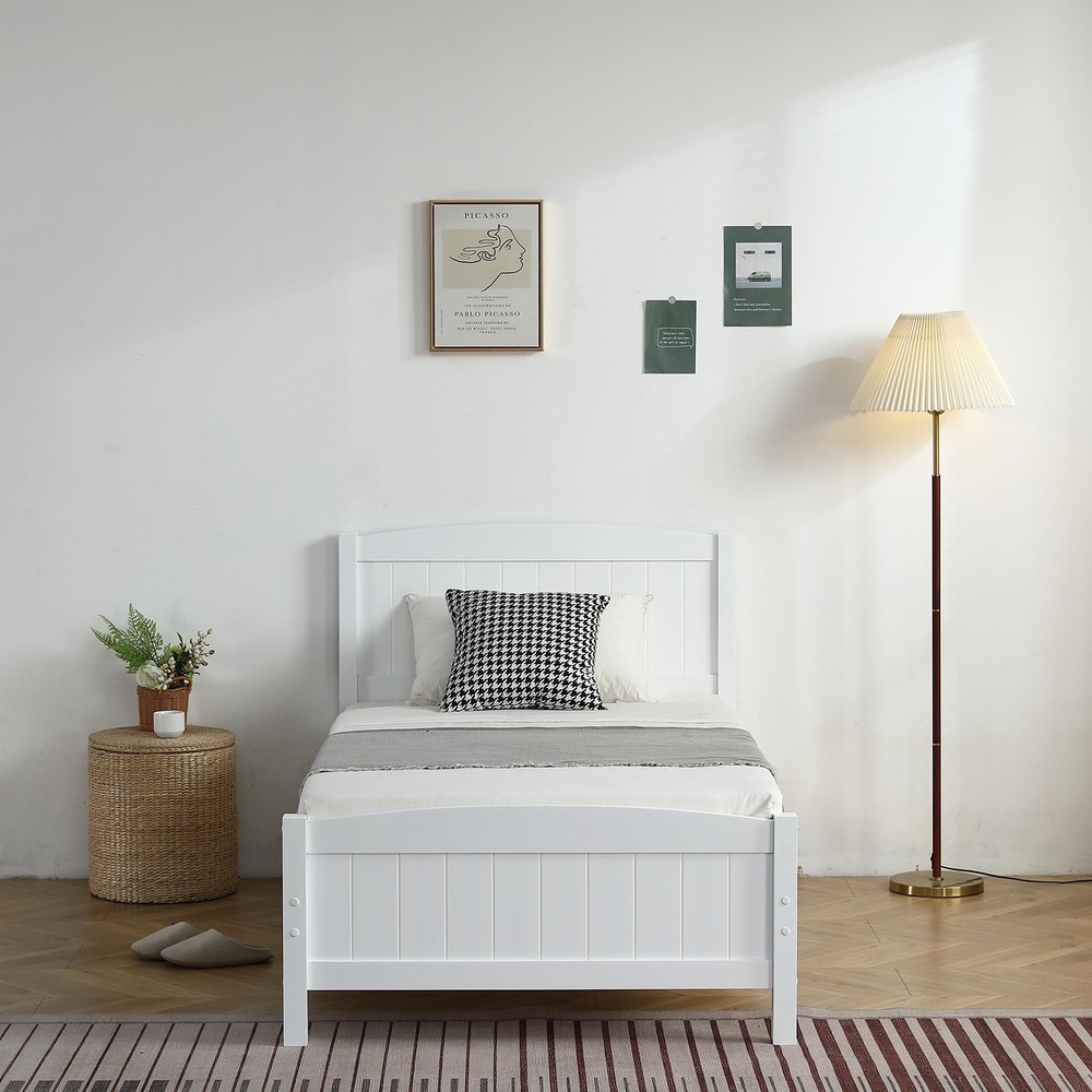 White Twin Size Solid Wood Platform Bed Frame Single Bed with Headboard