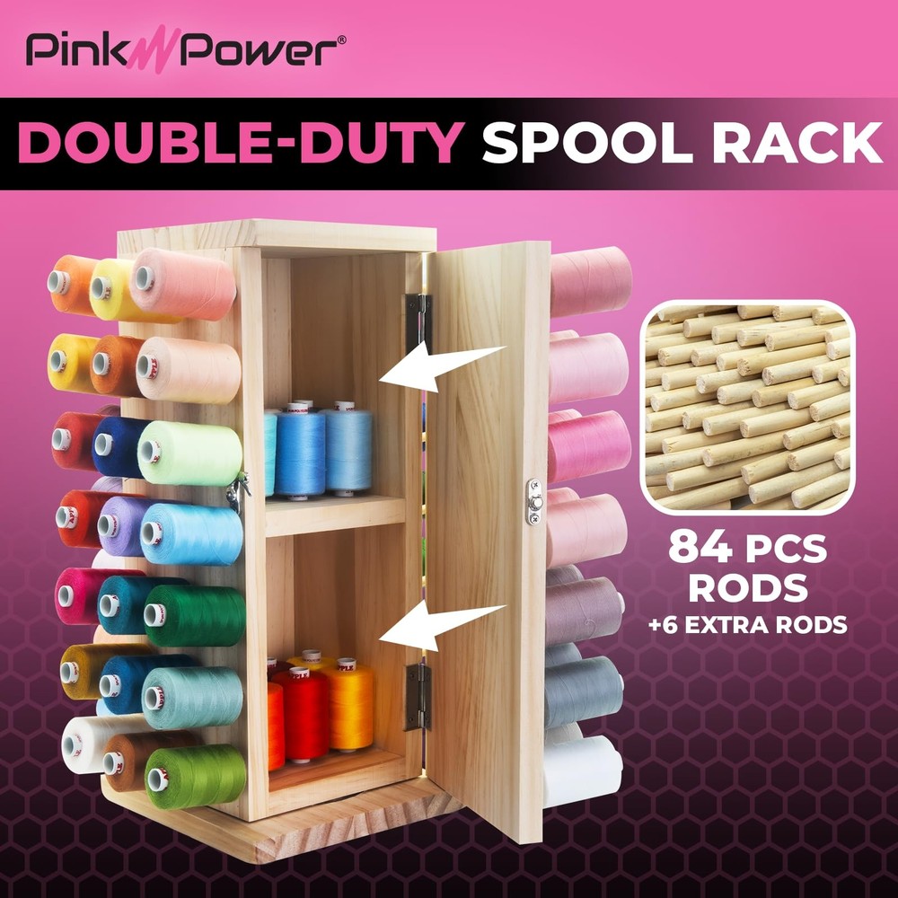 84 Spools Thread Holder Stand - 360 Full Rotating Wooden Thread Organizer - E...