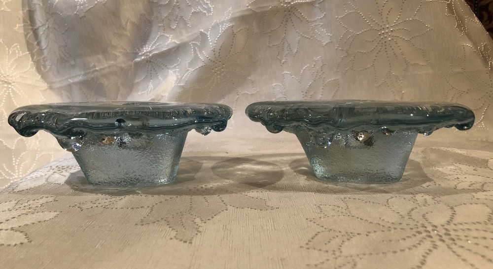 Heavy Textured Glass Candlestick Holders Light Blue