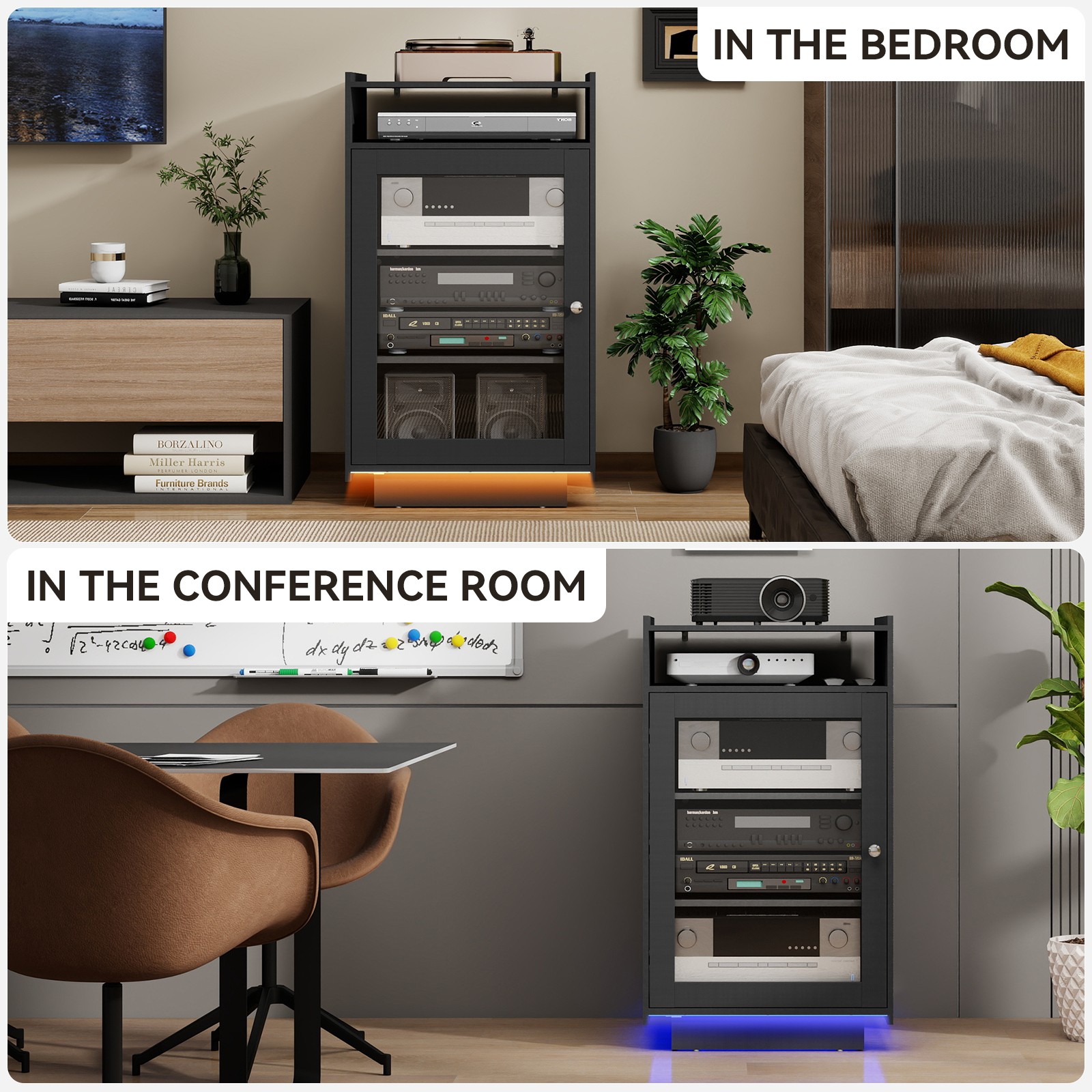 5-Tier Media Cabinet with LED Lights, Tempered Glass Door, Black AV Stand