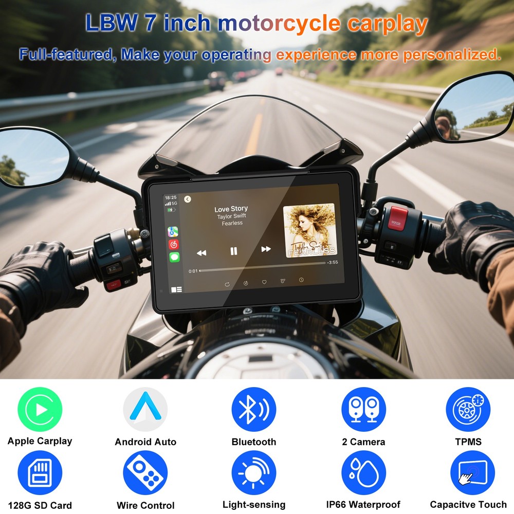 7" Portable Touch Screen Motorcycle Navi CarPlay Android Auto Dual 2K Dash Cam