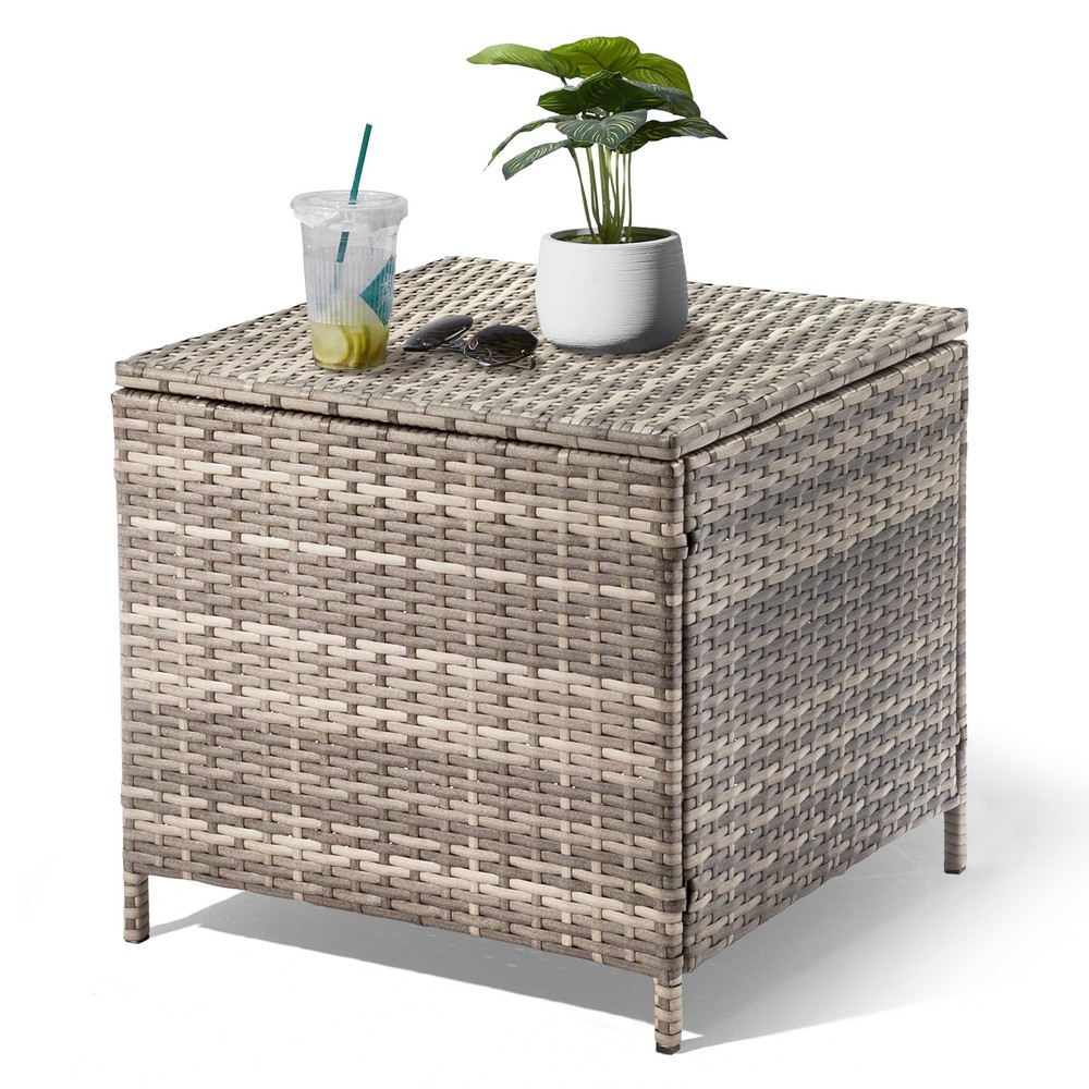 PE Wicker Side Table with Storage, Patio Rattan End Table Square Container