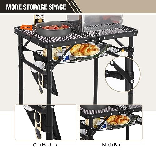 Small Folding Grill Table for Outside, 3 Heights Adjustable Lightweight