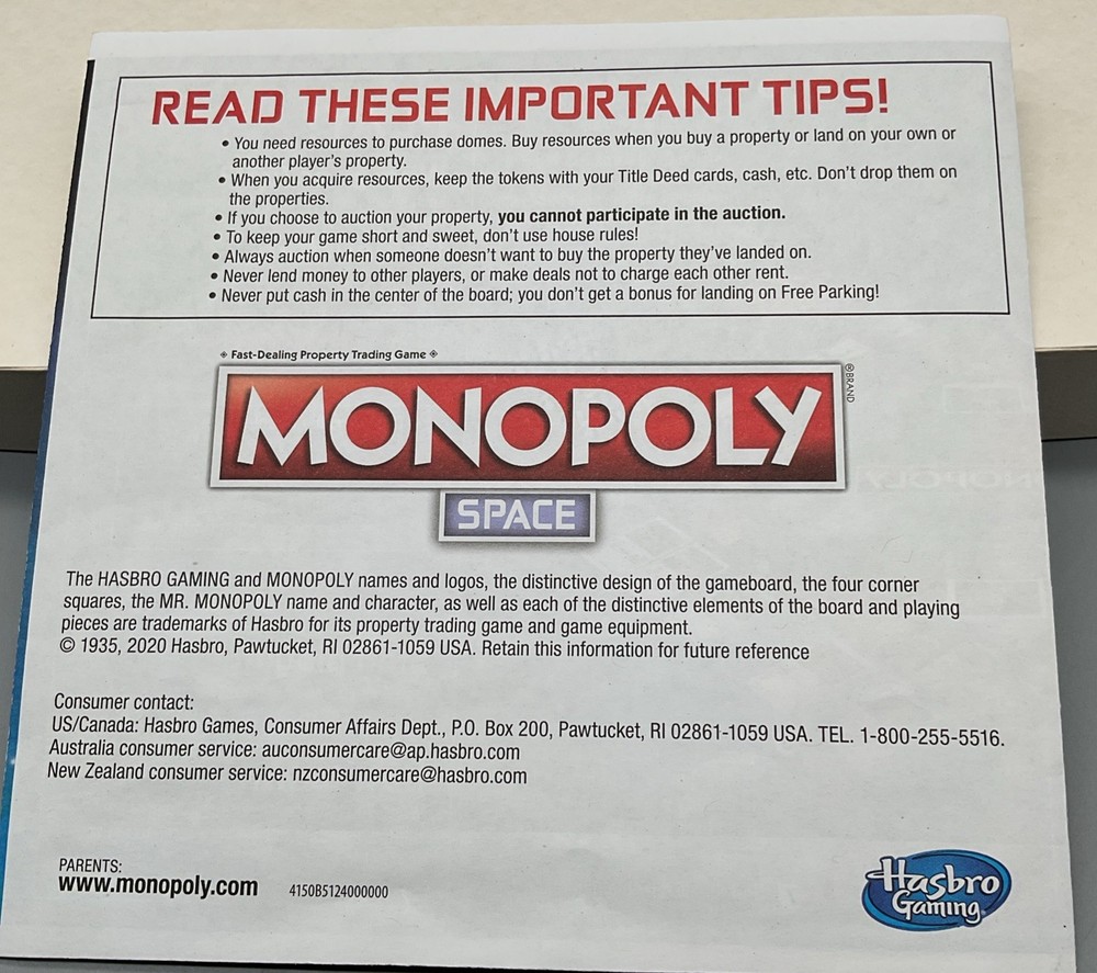Monopoly Space Game Hasbro Gaming Replacement (2020) INSTRUCTIONS ONLY
