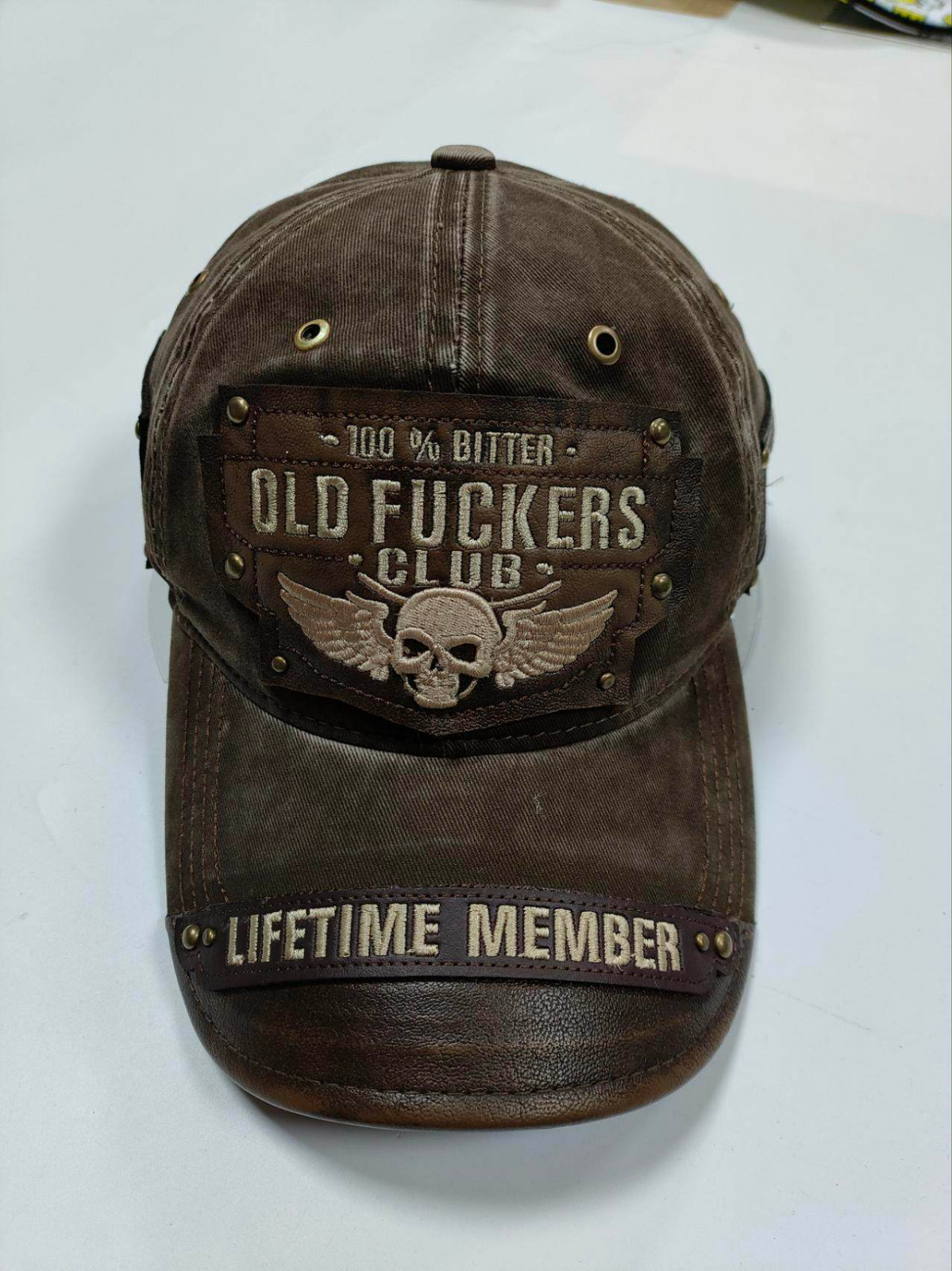 Vintage Leather Embroidered Cap - Old F*ckers Club 100% Bitter Lifetime Member