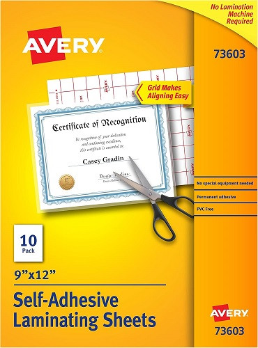 Avery 73603 Clear Self-Adhesive Laminating Sheets, 3 mil, 9 x 12, 10/Pack