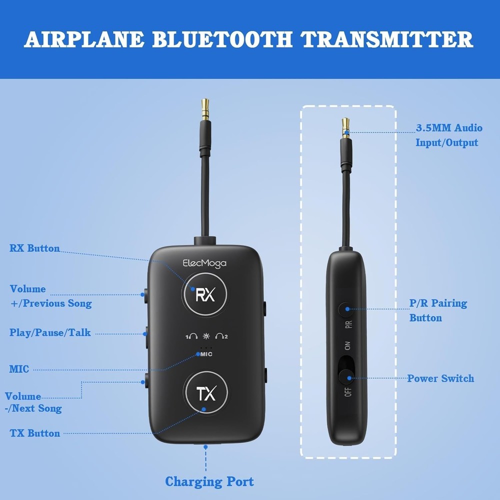 2025 Upgraded Airplane Bluetooth 5.4 Transmitter with Qualcomm Chipset, ElecMoga