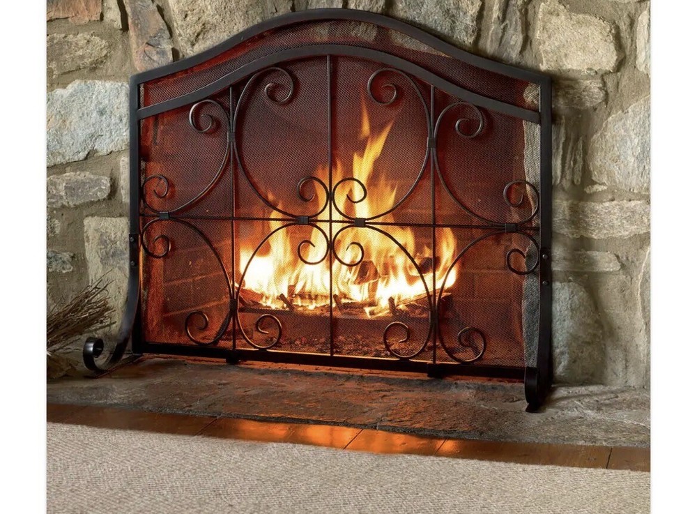 Plow & Hearth Small Crest Flat Guard Fireplace Screen, Solid Wrought Iron Frame