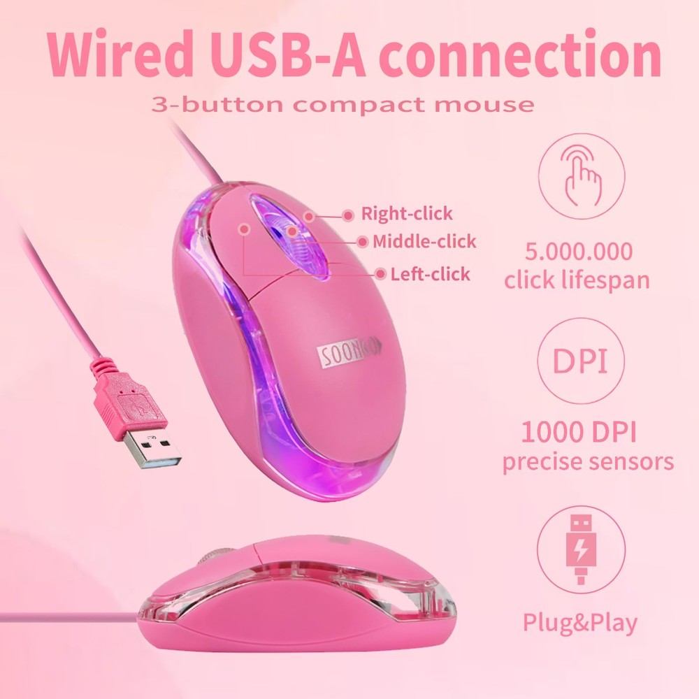 SOON GO Pink Mouse,Computer Mouse,with 1.5m USB Cable - Compatible