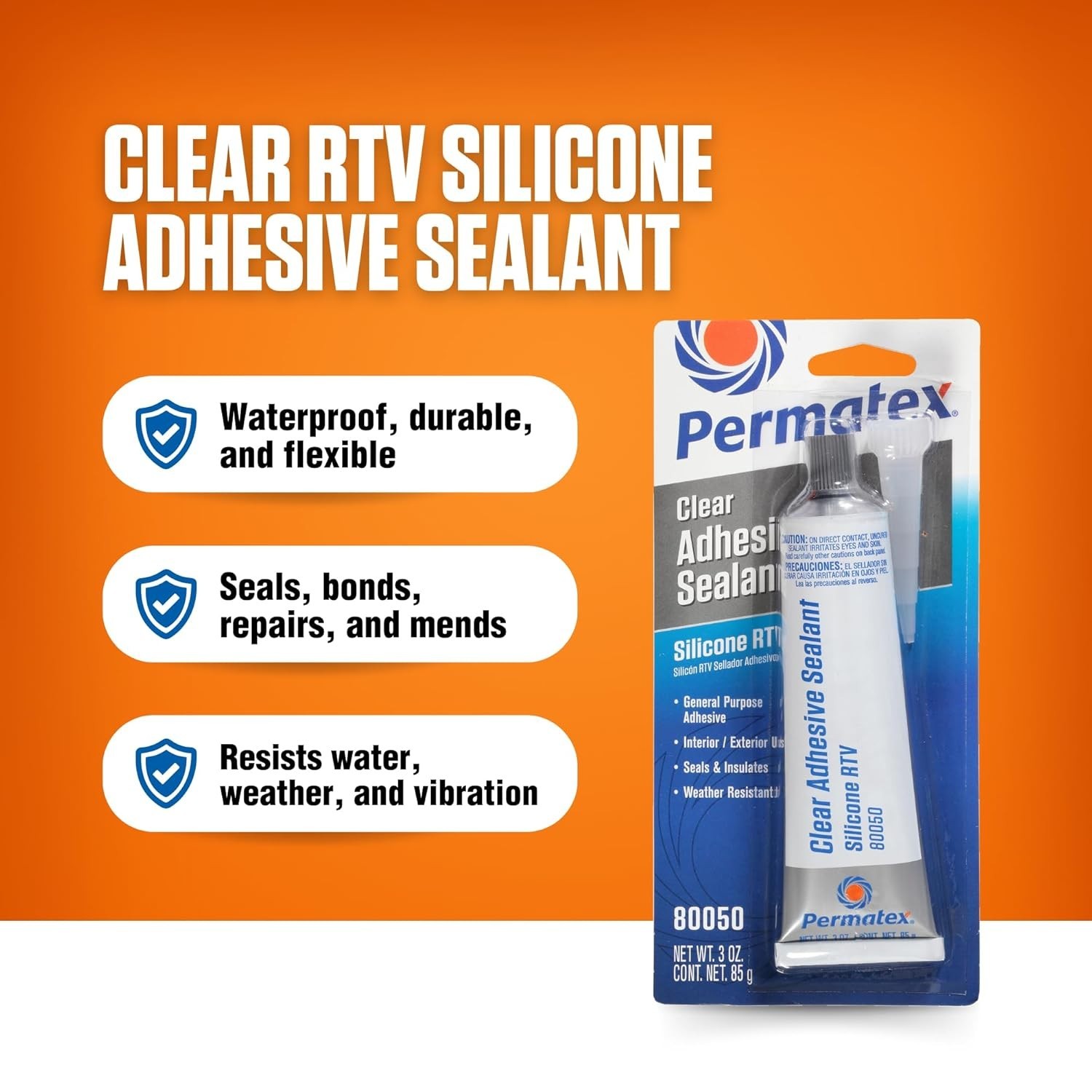 Permatex 80050 Clear RTV Silicone Adhesive Sealant, 3 oz