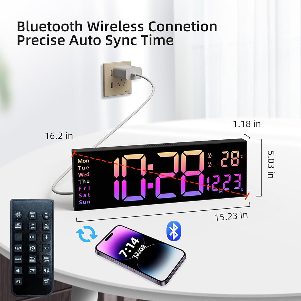 16-Inch Big Digital LED Wall Clock with Timer, Date, Temperature